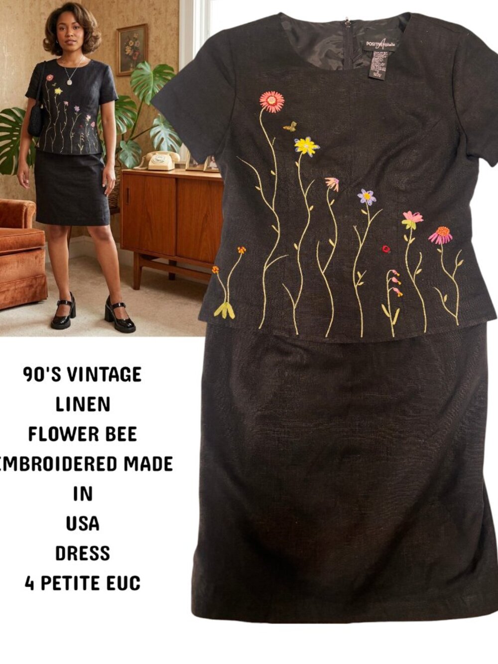 90'S‎ VINTAGE LINEN FLOWER BUMBLE BEE LADYBUG EMBROIDERED BLACK DRESS 4 PETITE